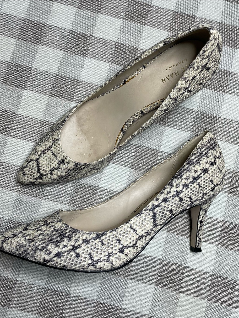 Cole Haan Snake-Print Pointed Toe Pumps in Cream and Black
